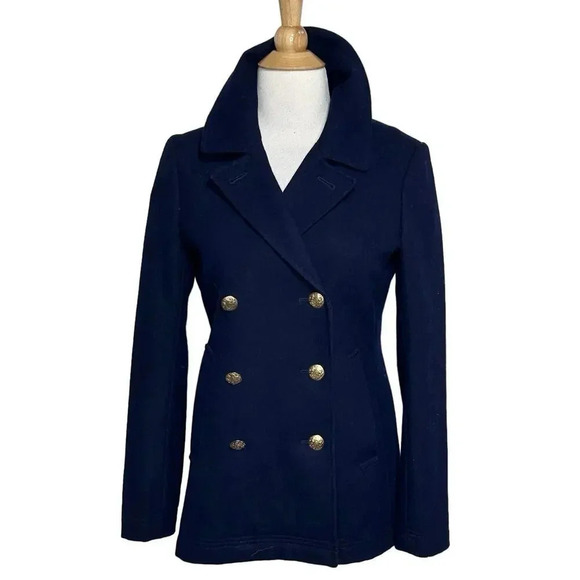 J. Crew women's 0 peacoat Navy wool blend gold crested buttons double breasted - Picture 1 of 9